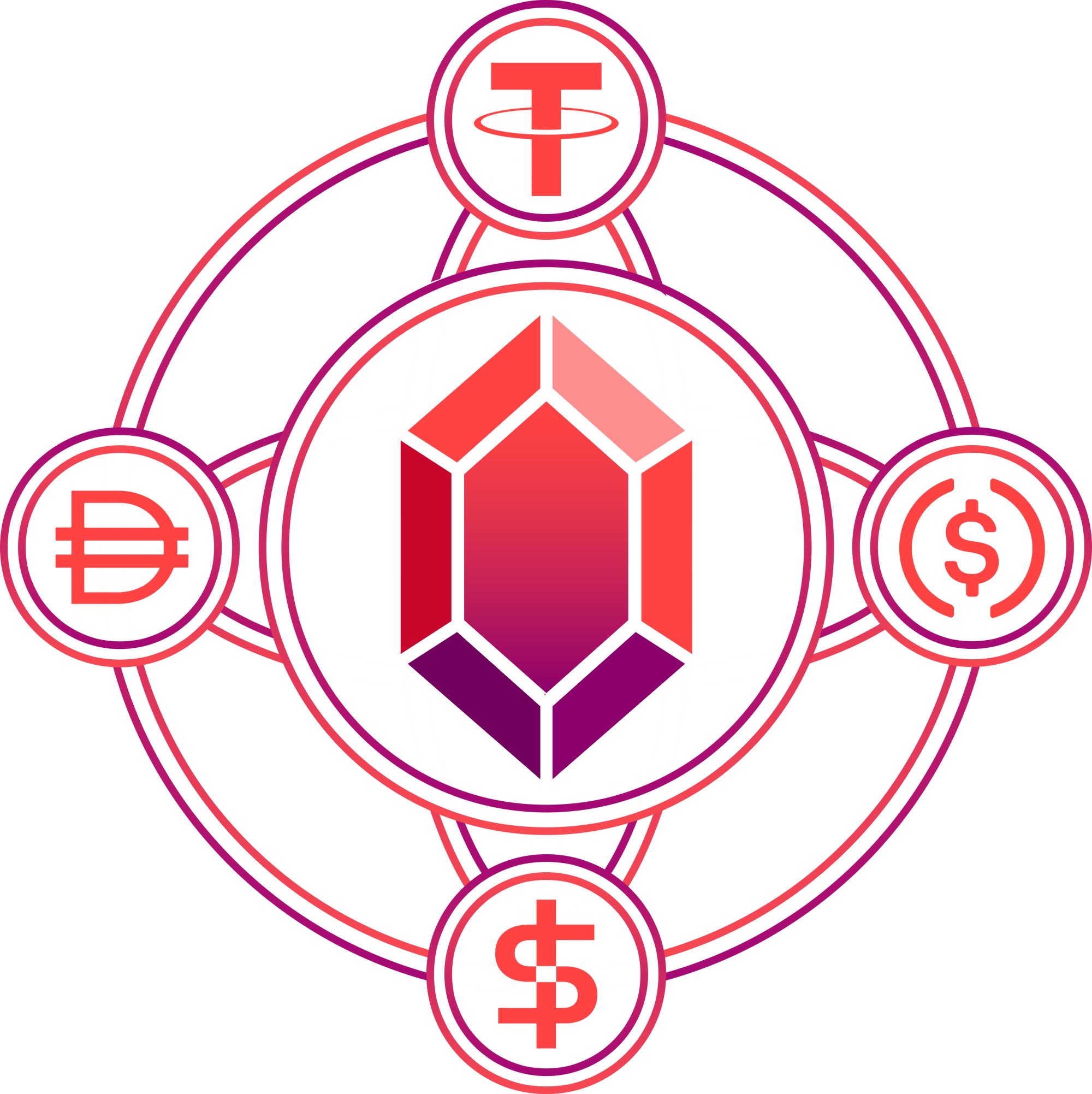 Four interconnected stablecoins with Ruby logo in the center.
