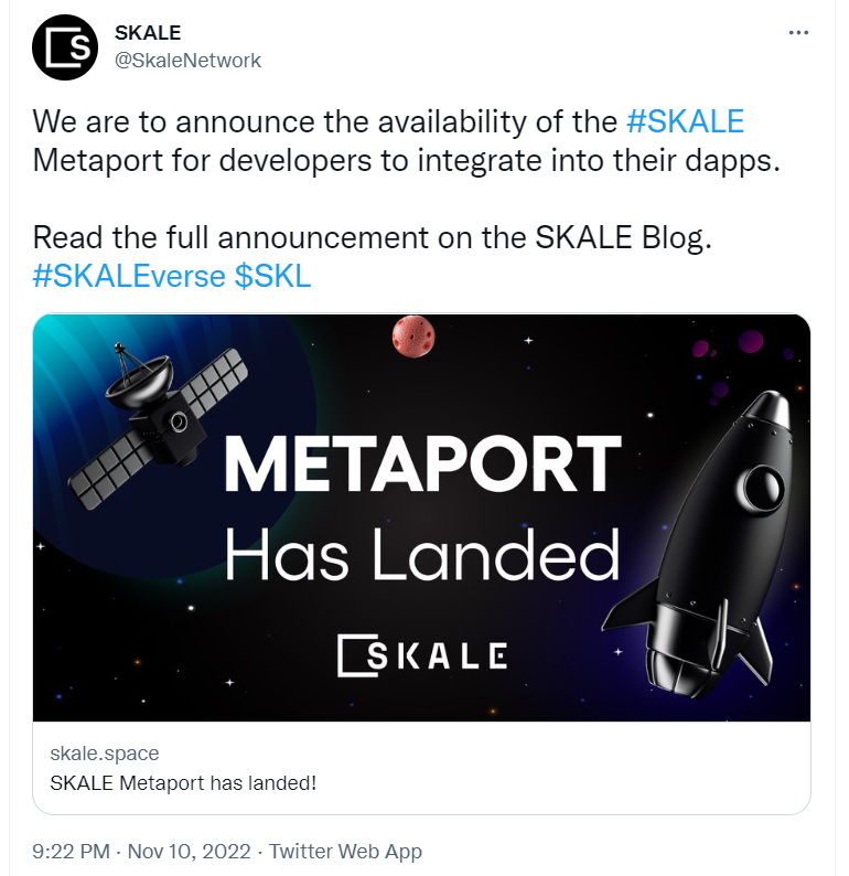 Screenshot of SKALE Metaport launch tweet
