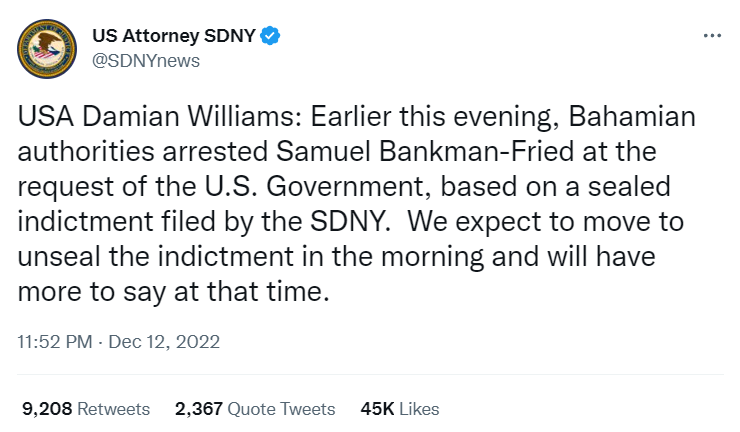 US Attorney tweet about arrest