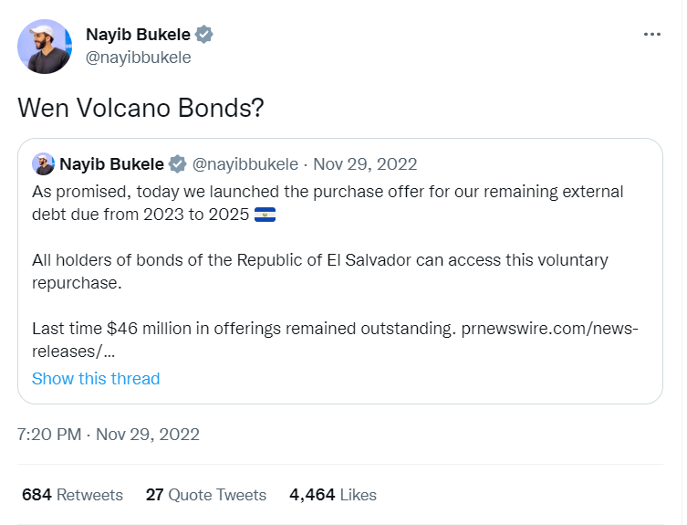 Bukele tweet about volcano bonds