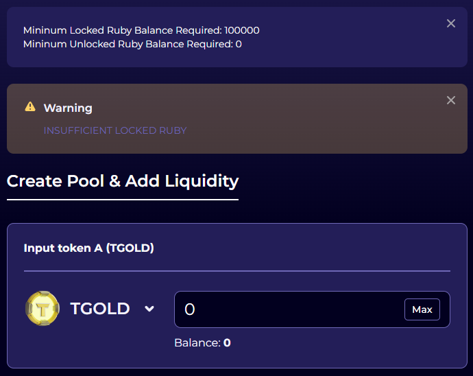Screenshot of liquidity pool fee warning